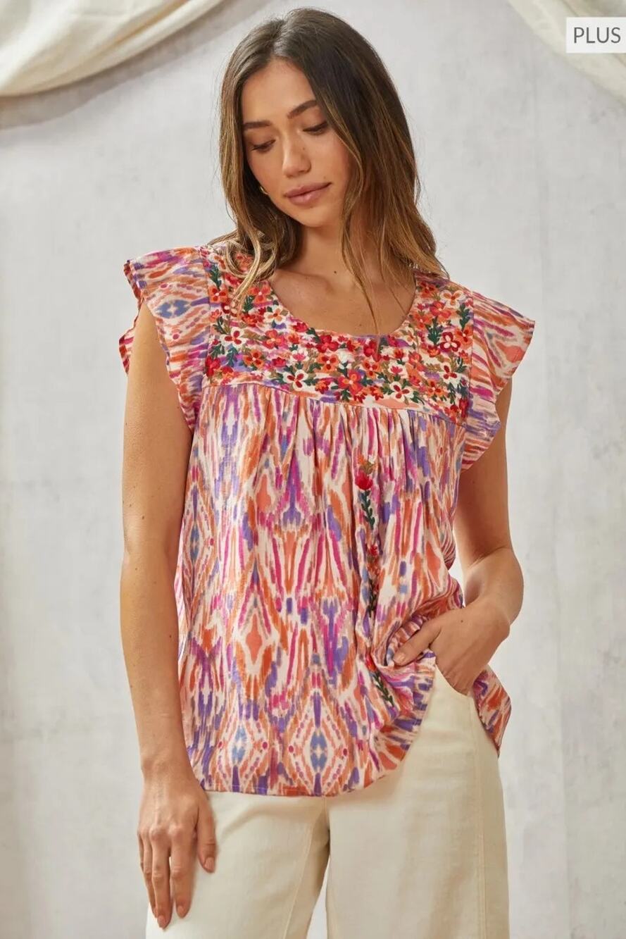 Savanna Jane Play it Safe Babydoll Floral Embroidered Yoke Flutter Blouse Large